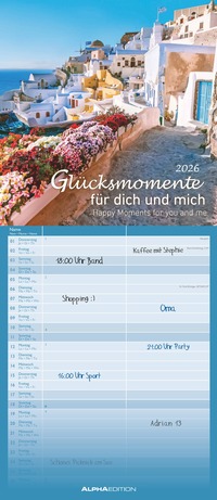 Glücksmomente für dich und mich 2026 - Familien-Timer 19,5x45 cm - 2 Spalten - Wand-Planer - viel Platz für Eintragungen - Familienkalender - Alpha Edition