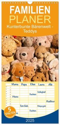 Familienplaner 2025 - Kunterbunte Bärenwelt - Teddys mit 5 Spalten (Wandkalender, 21 x 45 cm) CALVENDO