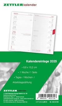 Zettler - Kalender-Ersatzeinlage 2025, 8,8x15,2cm, Ersatzeinlage für Taschenplaner Typ 540, in Folienverpackung, 1 Monat auf 1 Seite, Tages,- Wochen- und Arbeitstagezählung und deutsches Kalendarium