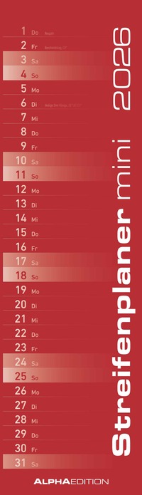 Streifenplaner Mini Rot 2026 - Streifen-Kalender 9,5x33 cm - Küchenkalender - Wandplaner - Alpha Edition