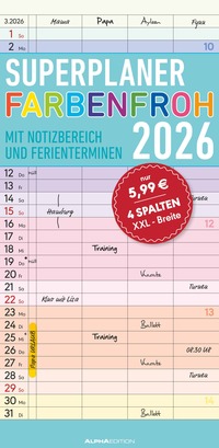 Superplaner Farbenfroh 2026 mit 4 Spalten - Familien-Timer 22x45 cm - Offset-Papier - mit Ferienterminen - Wand-Planer - Familienkalender - Alpha Edition