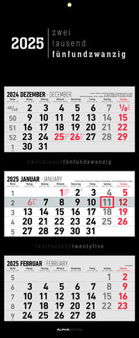 Alpha Edition - 3-Monatskalender Black 2025 Bürokalender, 33x20cm(33x80cm geöffnet), Kalender mit Jahresübersicht, Datumsschieber, faltbar, 3 Monate auf einen Blick und internationales Kalendarium