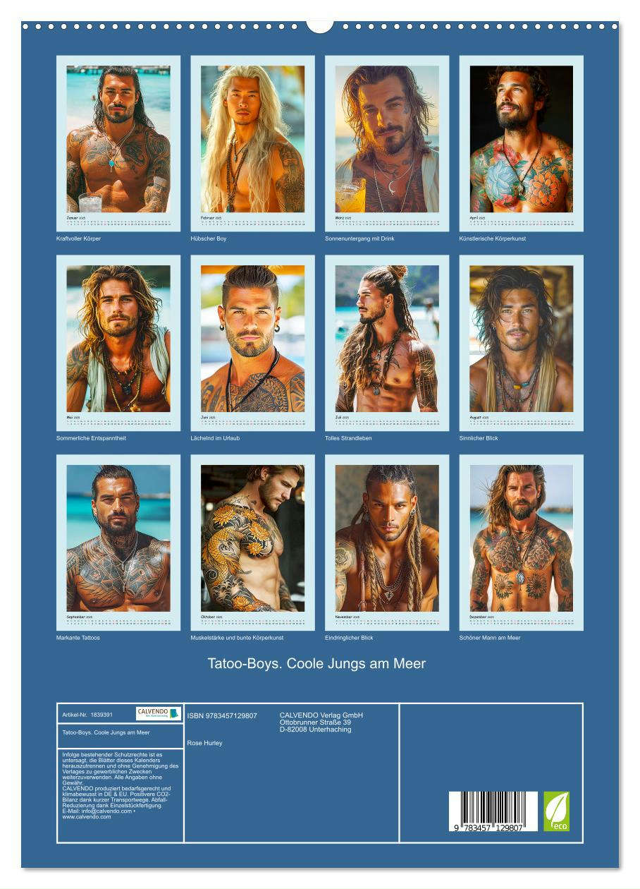 Tatoo-Boys. Coole Jungs am Meer (hochwertiger Premium Wandkalender 2025 DIN A2 hoch), Kunstdruck in Hochglanz