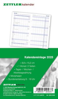 Zettler - Kalender-Ersatzeinlage 2025, 8,8x15,2cm, Ersatzeinlage für Taschenplaner Typ 520, in Folienverpackung, 1 Monat auf 1 Seite, Tages,- Wochen- und Arbeitstagezählung und deutsches Kalendarium