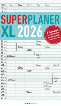 Superplaner XL 2026 6 Spalten - Familien-Timer 26x45 cm - Offset-Papier - mit Ferienterminen - Wand-Planer - Familienkalender - Alpha Edition