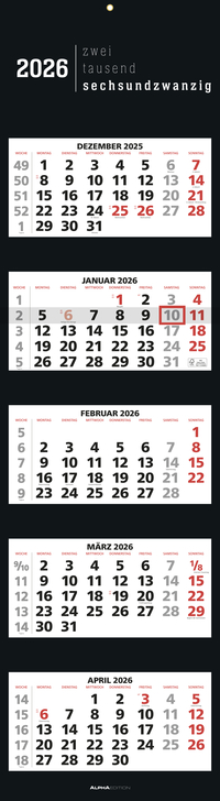 5-Monatskalender Black 2026 - Büro-Kalender 33x20 cm (geschlossen), 33x120 (geöffnet) - faltbar - mit Datumsschieber - Alpha Edition