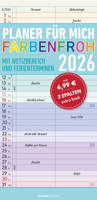 Planer für mich Farbenfroh 2026 - Familien-Timer 22x45 cm - mit Ferienterminen - Wand-Planer - mit vielen Zusatzinformationen - Alpha Edition