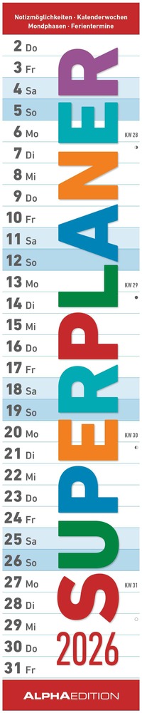 Superplaner 2026 - Streifenkalender 17x85 cm - mit Ringbindung - viel Platz für Notizen - Langplaner - Wandkalender - Küchenkalender - Alpha Edition