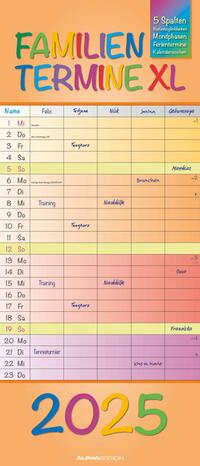 Alpha Edition - Regenbogen 2025 Familienplaner XL, 30x70cm, Familienkalender mit 5 Spalten für Termine, viel Platz für Notizmöglichkeiten, Mondphasen, Ferientermine DE/AT/CH, deutsches Kalendarium