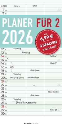 Planer für zwei 2026 mit 3 Spalten - Familien-Timer 22x45 cm - Offset-Papier - mit Ferienterminen - Wand-Planer - Familienkalender - Alpha Edition