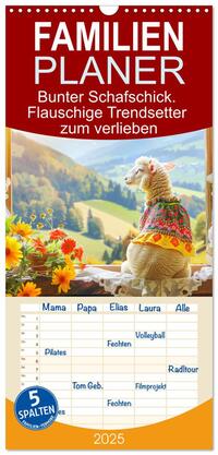 Familienplaner 2025 - Bunter Schafschick. Flauschige Trendsetter zum verlieben mit 5 Spalten (Wandkalender, 21 x 45 cm) CALVENDO