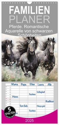 Familienplaner 2025 - Pferde. Romantische Aquarelle von schwarzen Schönheiten mit 5 Spalten (Wandkalender, 21 x 45 cm) CALVENDO