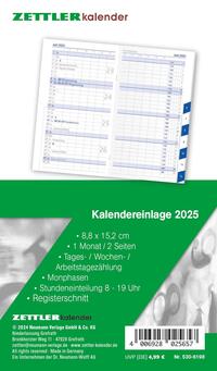 Zettler - Kalender-Ersatzeinlage 2025, 8,8x15,2cm, für den Taschenplaner Typ 530, 1 Monat auf 2 Seiten, Registerschnitt, Tages-, Wochen und Arbeitstagezählung, Mondphasen und Stundeneinteilung