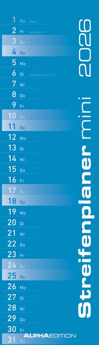 Streifenplaner Mini BLAU 2026 - Streifenkalender - Wandplaner - Küchen-Kalender - 9,5x33