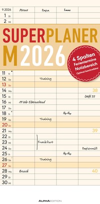 Superplaner M 2026 4 Spalten - Familien-Timer 22x45 cm - Offset-Papier - mit Ferienterminen - Wand-Planer - Familienkalender - Alpha Edition