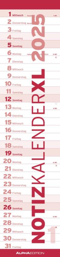 Alpha Edition - Notizkalender XL ROT 2025 Streifenkalender, 15x64cm, Wandkalender mit Platz für Notizen und Zusatzinformationen, Mondphasen und deutschem Kalendarium