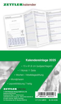 Zettler - Kalender-Ersatzeinlage 2025, 8,8x15,2cm, Ersatzeinlage für Taschenplaner Typ 501, in Folienverpackung, 1 Monat auf 1 Seite, Tages,- Wochen- und Arbeitstagezählung und deutsches Kalendarium