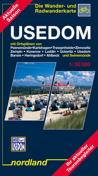 Usedom mit Ortsplänen von Peenemünde, Karlshagen, Trassenheide, Zinnowitz, Zempin, Koserow, Loddin, Ückeritz, Usedom, Bansin, Heringsdorf, Ahlbeck und Swinemünde