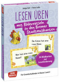 Lesen üben mit Bilderrätseln zu den Bremer Stadtmusikanten. 34 Bildkarten zur Leseförderung