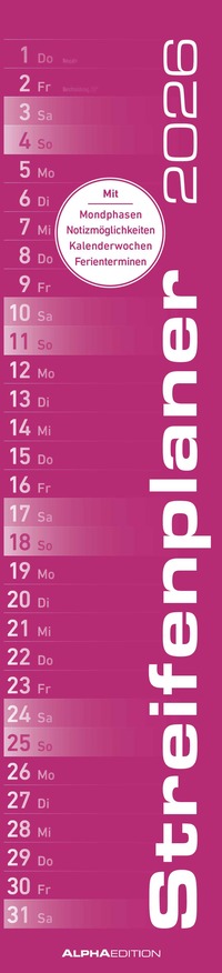 Streifenplaner PINK 2026 - Streifenkalender - Wandplaner - Küchen-Kalender - 11,3x49,5