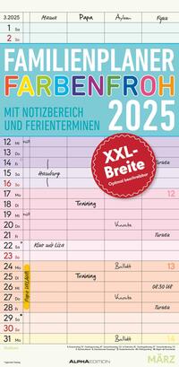 Alpha Edition - Familienplaner Farbenfroh 2025 Familienkalender, 22x45cm, Kalender mit 4 Spalten, viel Platz für Notizen, Offset-Papier, deutsches Kalendarium und Ferientermine DE/AT/CH