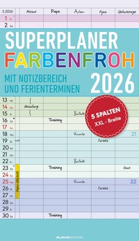 Superplaner Farbenfroh 2026 - 5 Spalten - Familienkalender 26x45 cm - Offset-Papier - mit Ferienterminen - Wandkalender - Wandplaner