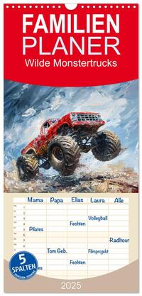 Familienplaner 2025 - Wilde Monstertrucks mit 5 Spalten (Wandkalender, 21 x 45 cm) CALVENDO