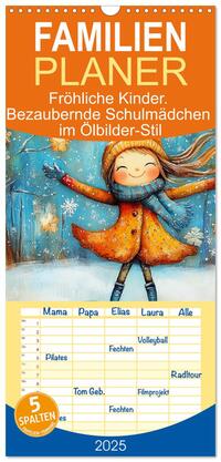 Familienplaner 2025 - Fröhliche Kinder. Bezaubernde Schulmädchen im Ölbilder-Stil mit 5 Spalten (Wandkalender, 21 x 45 cm) CALVENDO