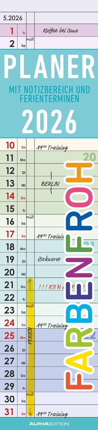 Planer Farbenfroh 2026 - Streifen-Kalender 11,3x49x5 cm - Küchenkalender - Wandplaner - Alpha Edition