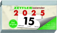 Zettler - Tagesabreißkalender 2025 Q, 10,9x5,9cm, Abreißkalender mit Sudokus, Sonnen- und Mondzeiten, Namenstage, hellgraue Patentklammer, mit Aufhängung und deutsches Kalendarium