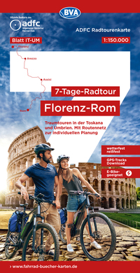 ADFC-Radtourenkarte IT-UM 7-Tage-Radtour Florenz-Rom, 1:150.000, reiß- und wetterfest, E-Bike geeignet, GPS-Tracks Download, mit Kilometer-Angaben