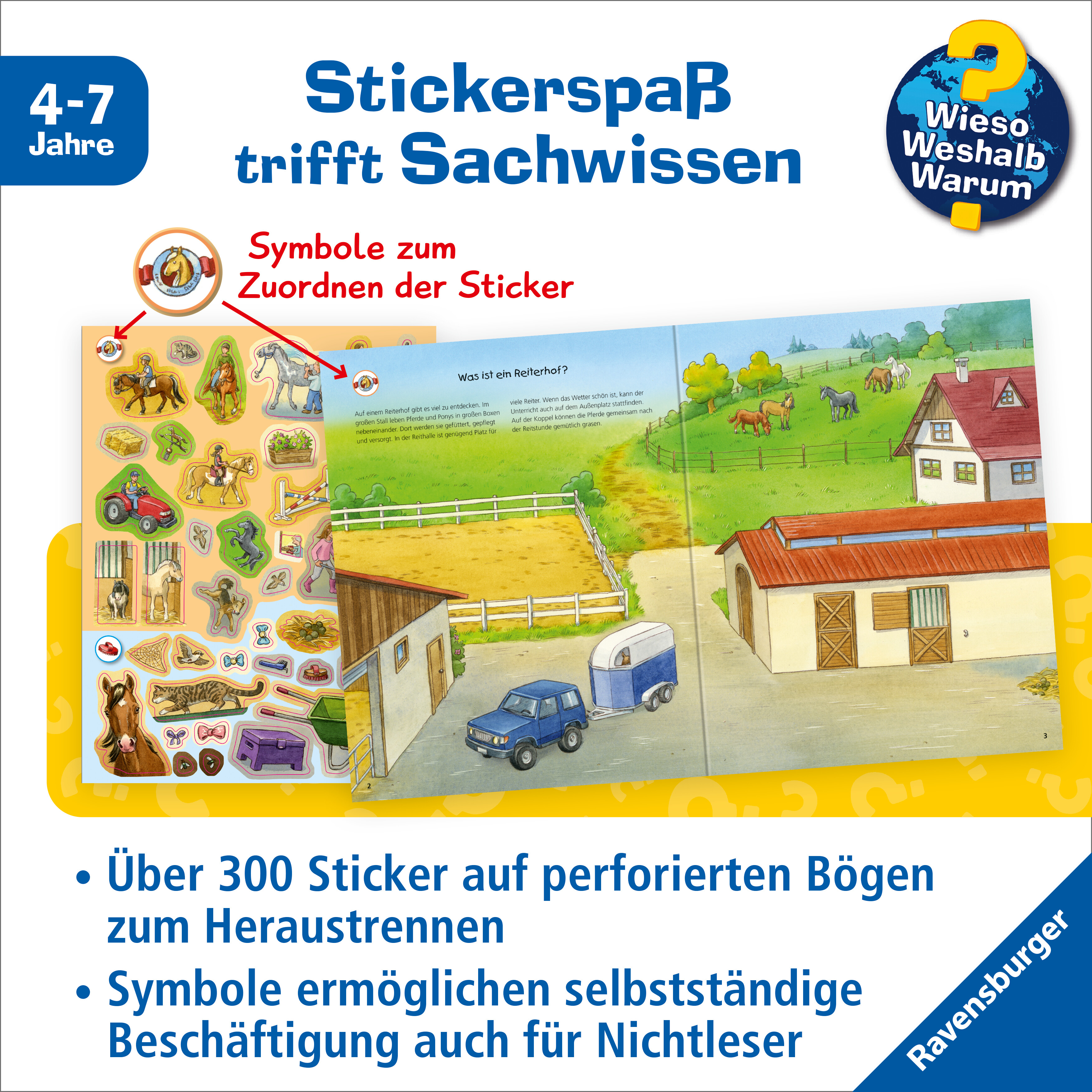 Beispielinhalt (Bild) Wieso? Weshalb? Warum? Stickerheft - Pferde