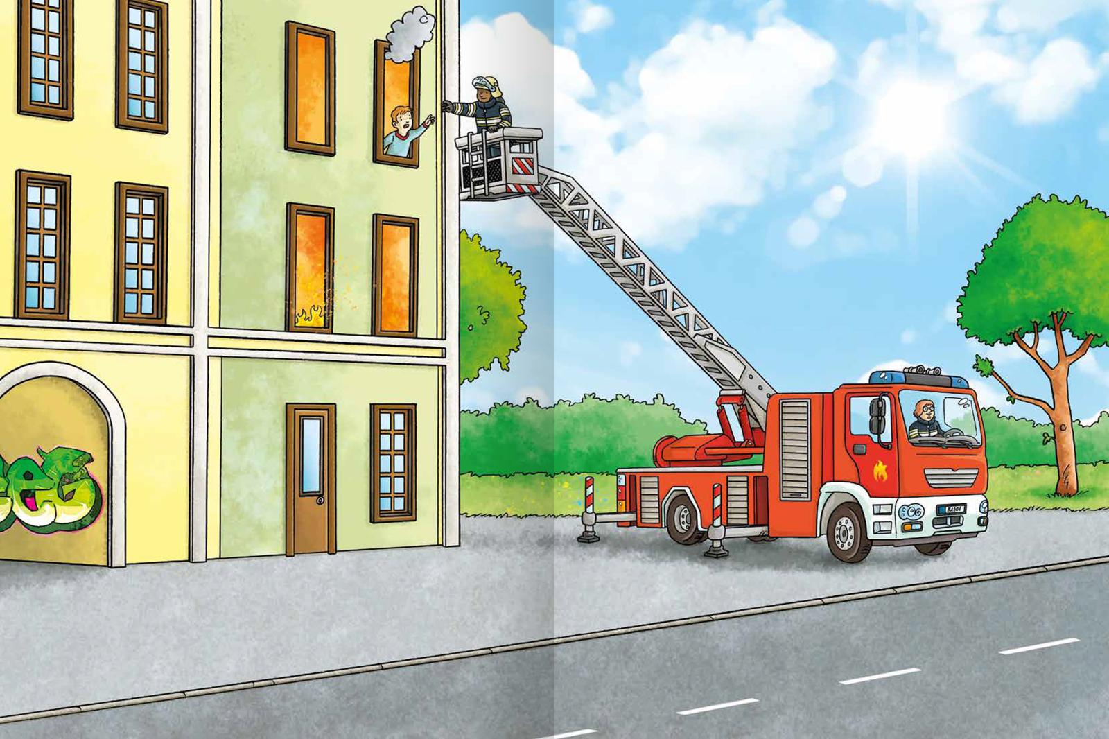 Beispielinhalt (Bild) Erstes Stickern – Feuerwehr und Polizei im Einsatz