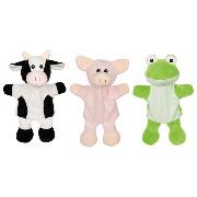 Handpuppen Kuh, Schwein, Frosch (mit Beinen), Plüsch, 30 cm, 3-fach sortiert