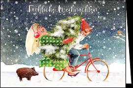 Doppelkarte. Fröhliche Weihnachten (Paar mit Fahrrad)