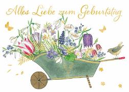 Postkarte / Zum Geburtstag (Schubkarre mit Blumen) / Quer