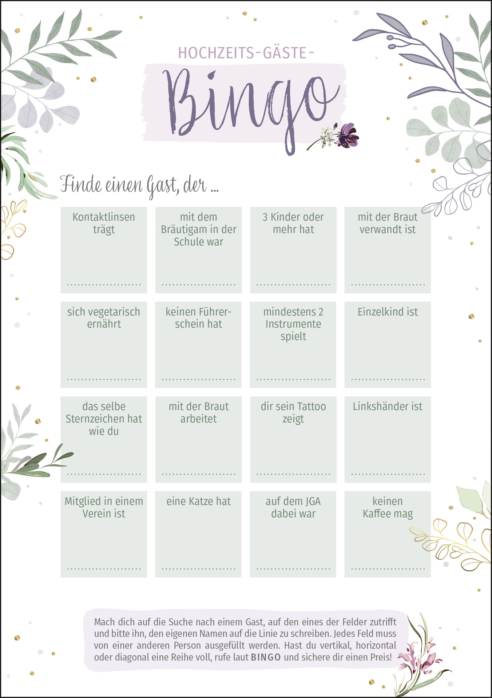 Beispielinhalt (Bild) Hochzeits-Gäste-Bingo