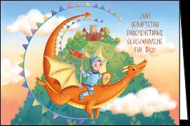 Doppelkarte / Zum Geburtstag (Ritter und Drache) / Quer