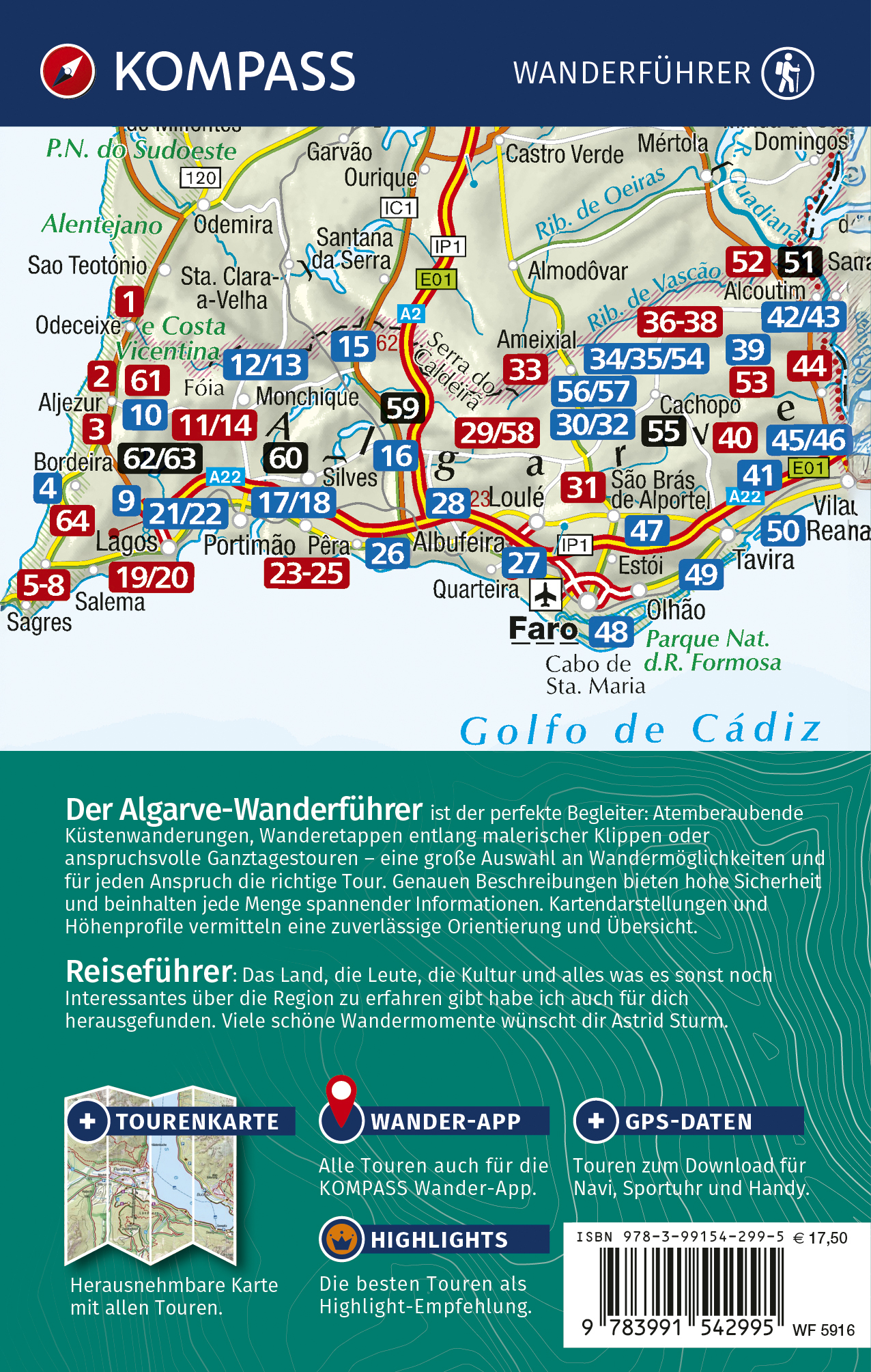 Rückseitencover KOMPASS Wanderführer Algarve mit Fernwanderweg Via Algarviana, 64 Touren / Etappen mit Extra-Tourenkarte