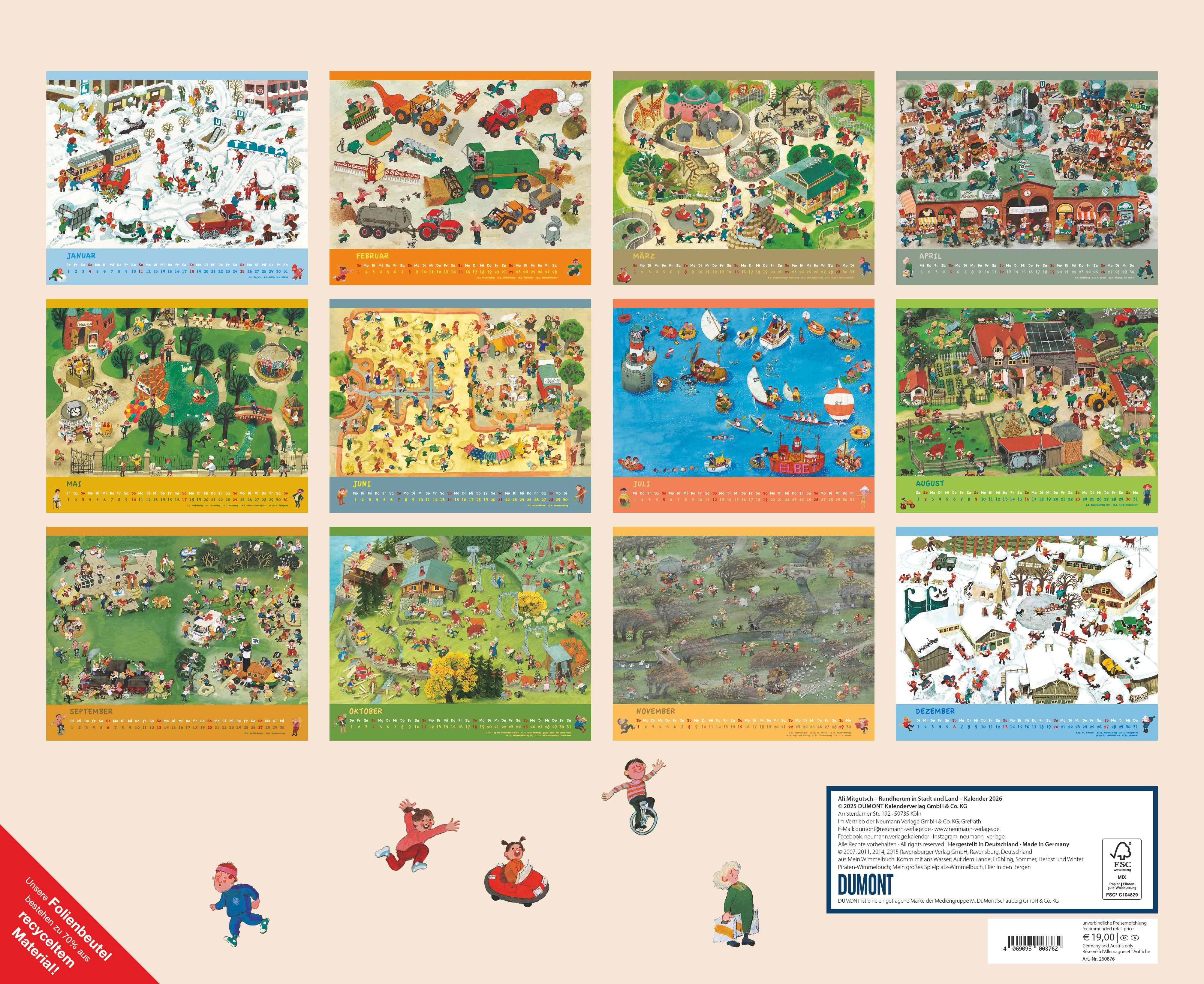 Beispielinhalt (Bild) Ali Mitgutsch 2026 – Wimmelbilder – DUMONT Kinder-Kalender – Querformat 52 x 42,5 cm – Spiralbindung