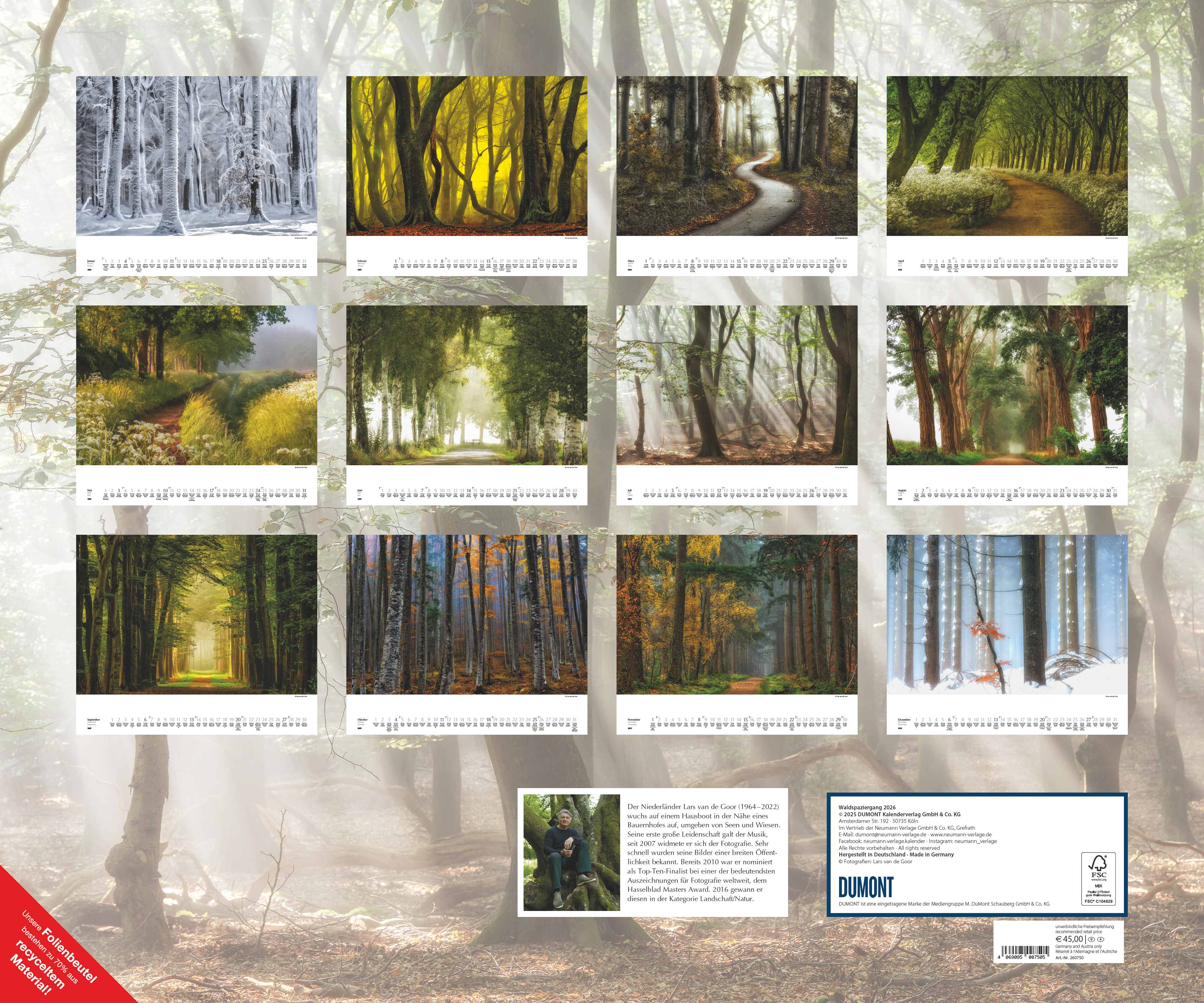 Rückseitencover Waldspaziergang 2026 – Fotokunst-Kalender – Querformat 60 x 50 cm – Spiralbindung
