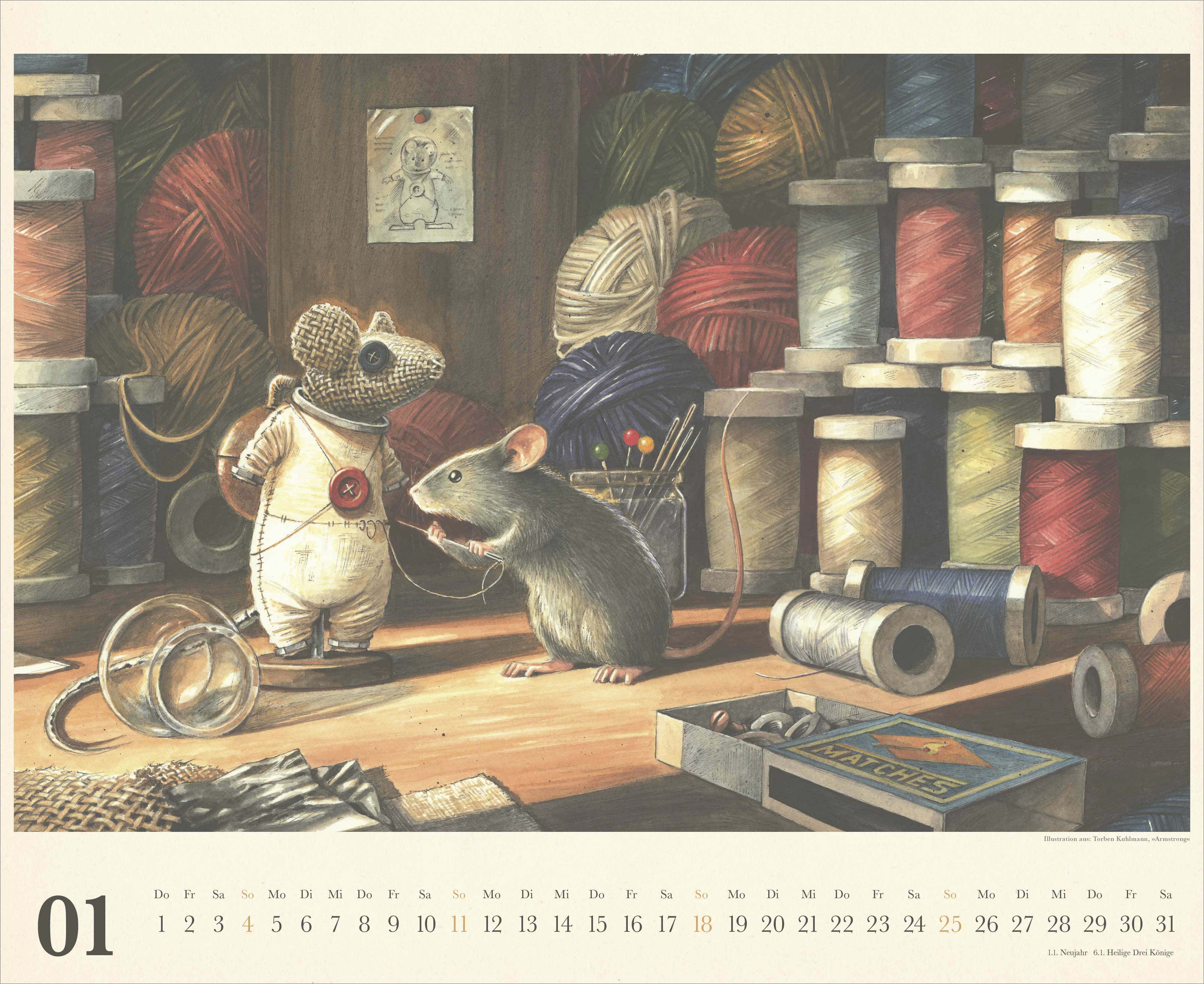 Beispielinhalt (Bild) Torben Kuhlmann Mäuseabenteuer 2026 – DUMONT Kinder-Kalender – Querformat 52 x 42,5 cm – Spiralbindung