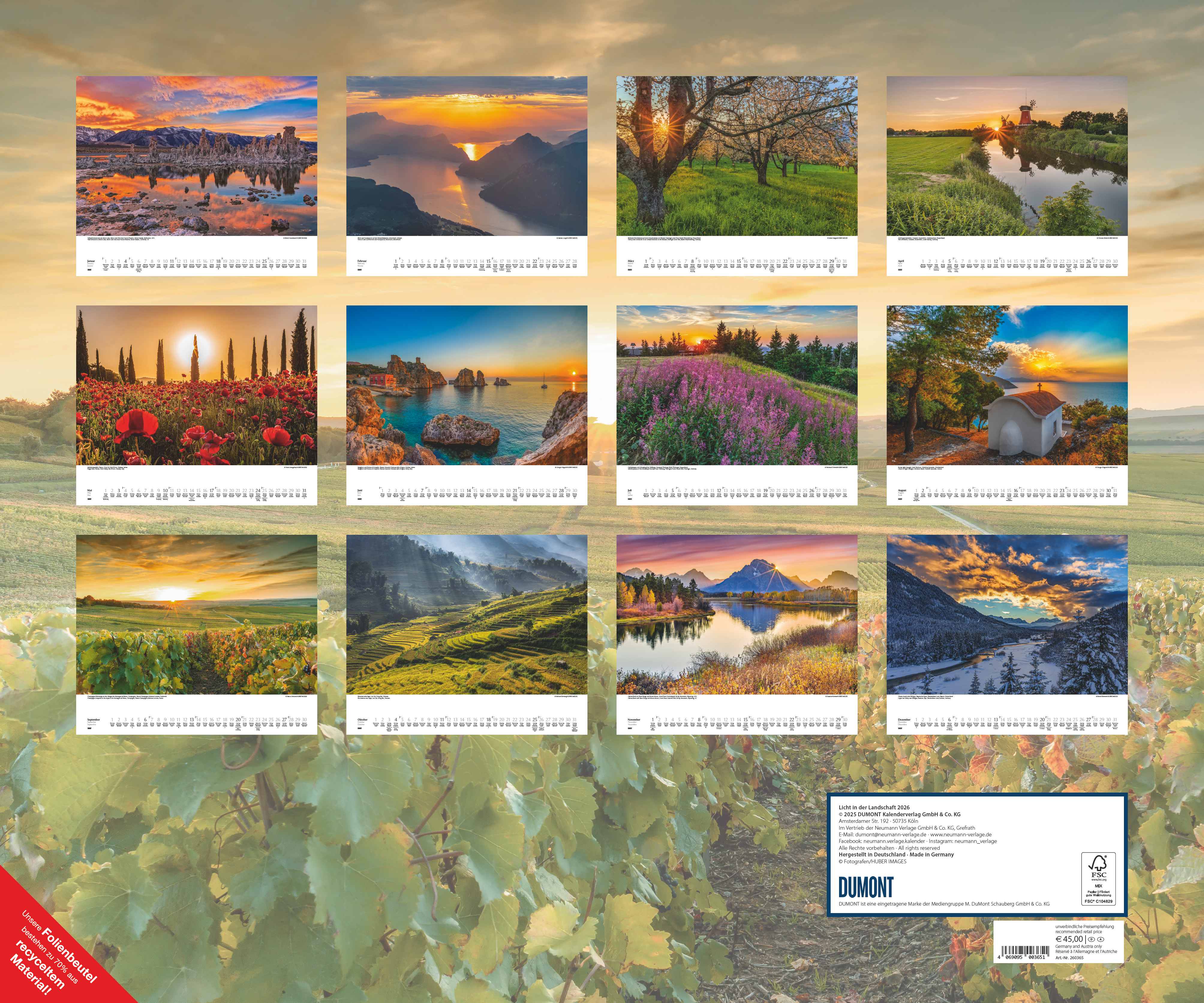 Beispielinhalt (Bild) Licht in der Landschaft 2026 – Wandkalender 60,0 x 50,0 cm – Spiralbindung