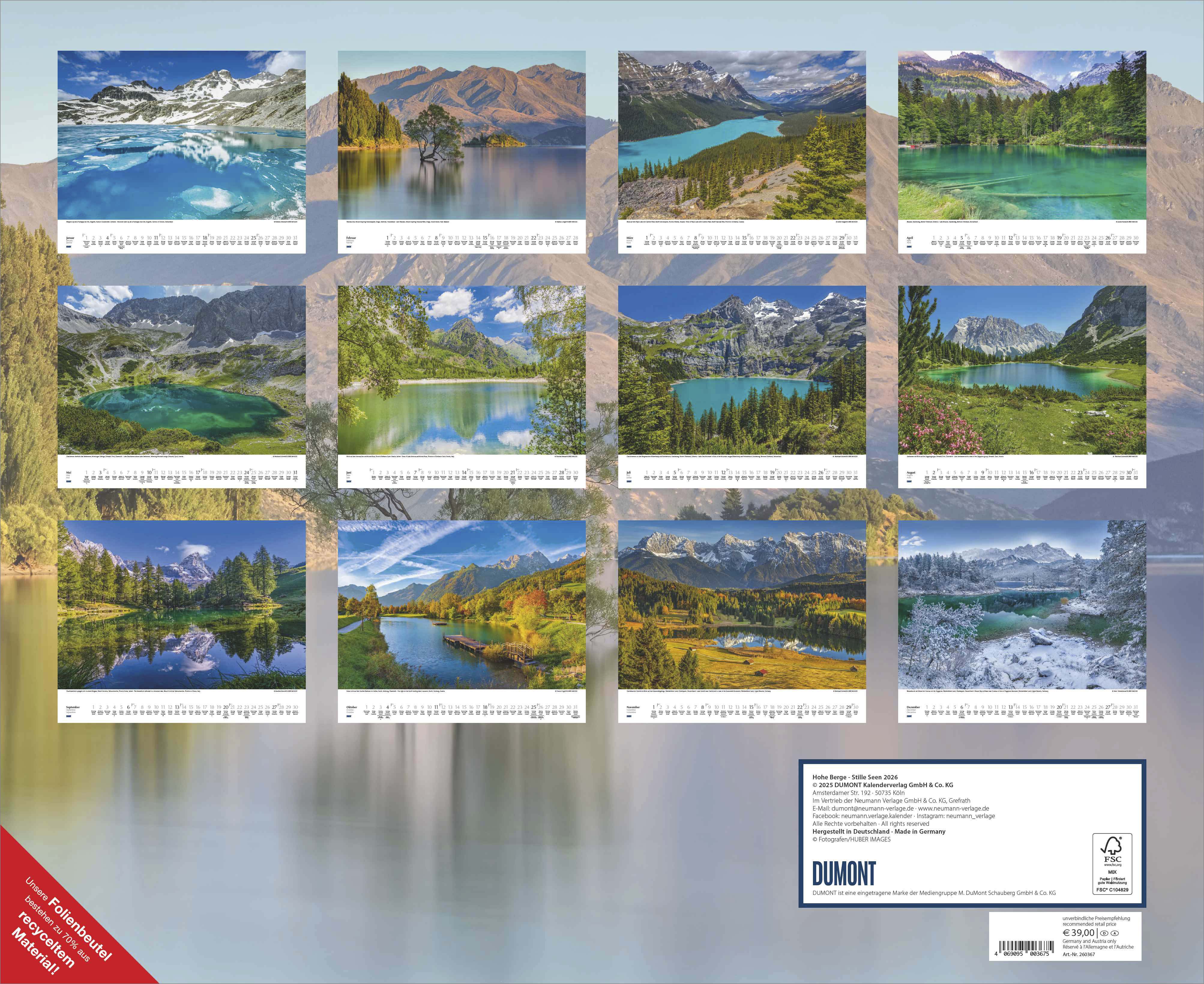 Beispielinhalt (Bild) Hohe Berge – Stille Seen 2026 – Wandkalender 52 x 42,5 cm – Spiralbindung
