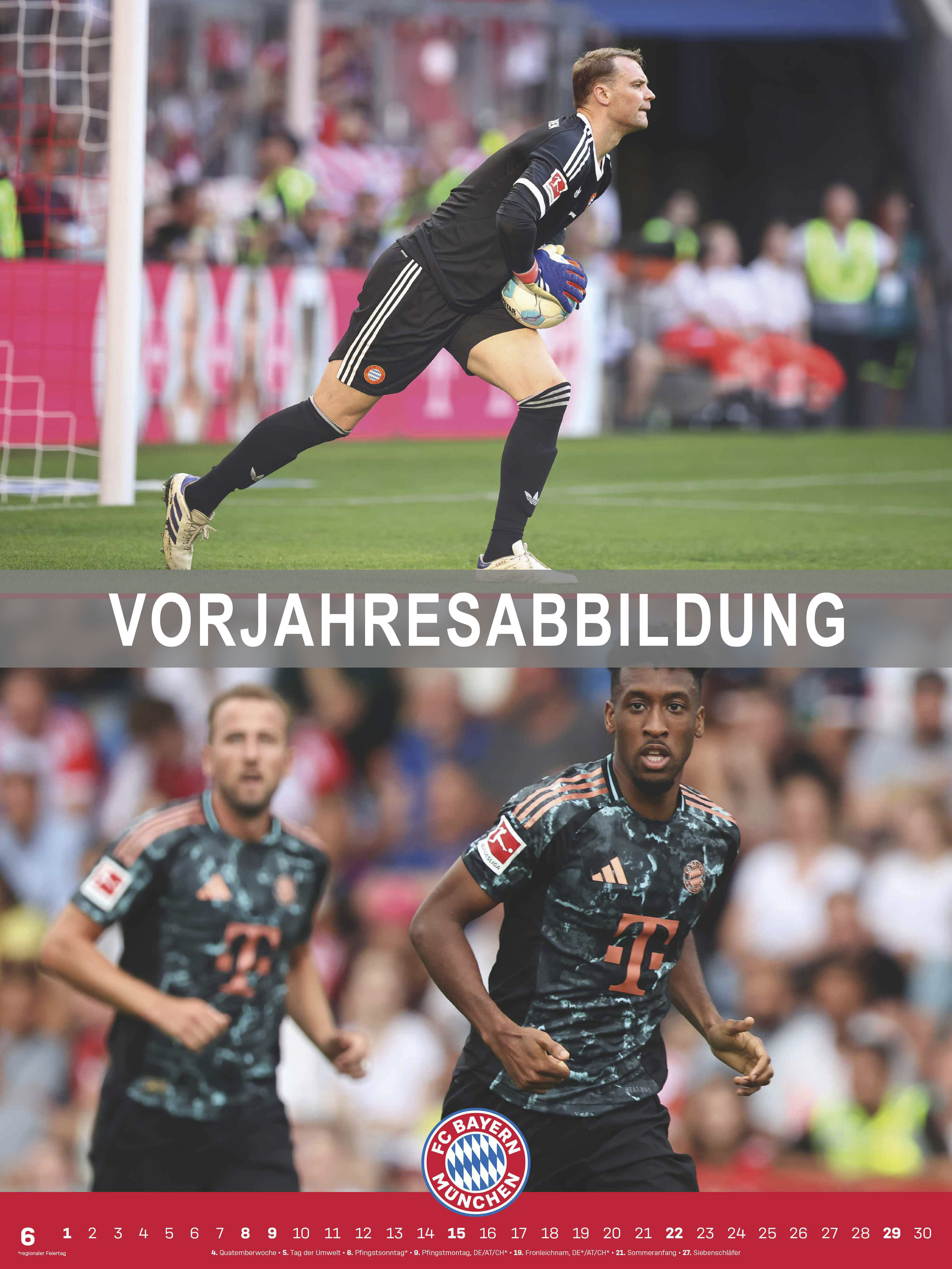 Beispielinhalt (Bild) N NEUMANNVERLAGE - FC Bayern München 2026 Posterkalender, 48x64cm, Fußball-Kalender mit Motiven der Stars, Fan-Kalender mit Fußball-Highlights, Spiralbindung und internationales Kalendarium